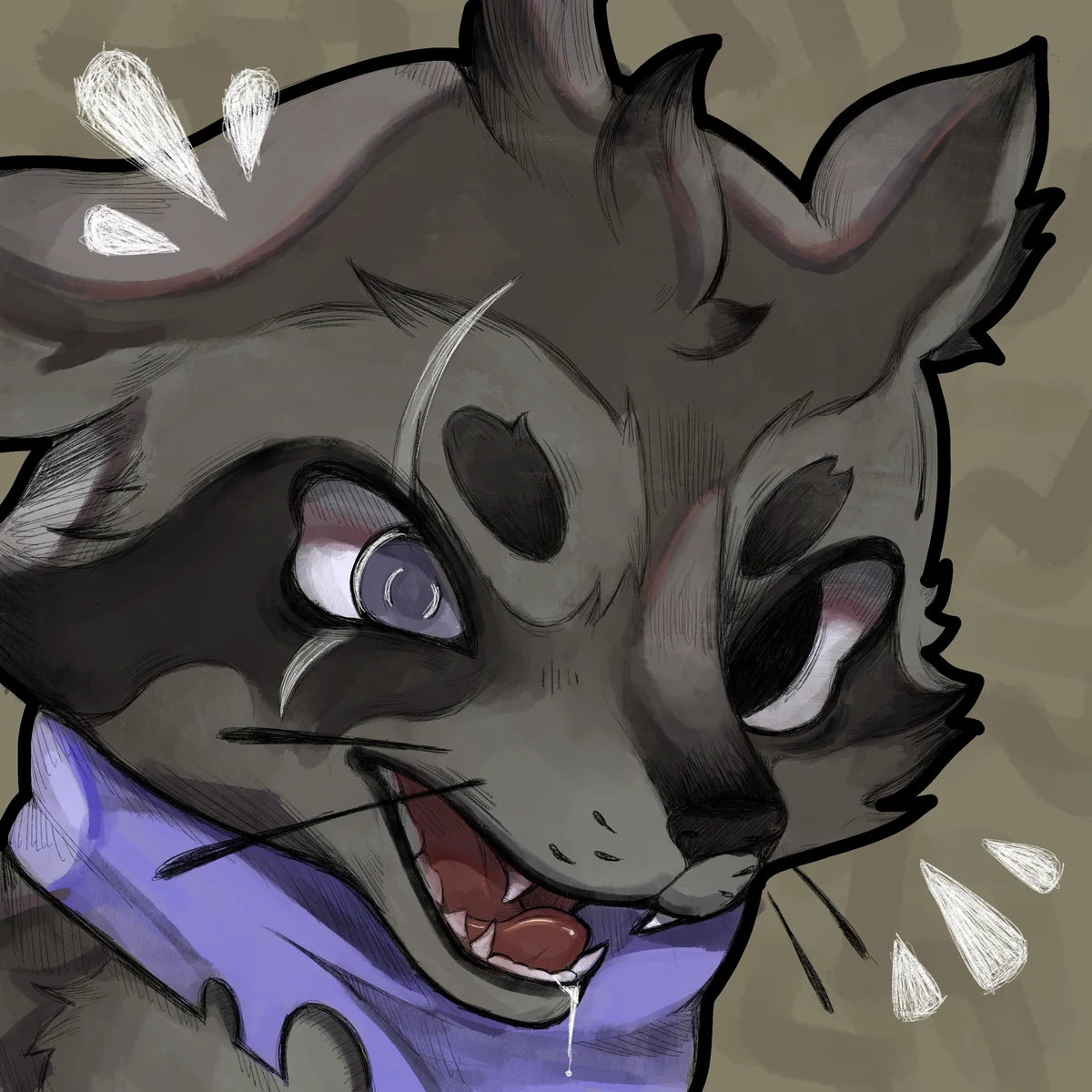 Rukus's raccoon character wearing a purple scarf.